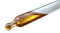 Glass dropper with golden amber liquid and bubbles against white background, isolated medical or cosmetic pipette for aromatherapy, wellness and skincare products.