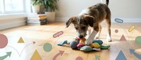 Mixed breed dog with brown and gray coat playing with colorful toys on geometric patterned floor mat indoors, suitable for pet care, toy marketing, and animal behavior content.