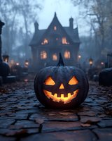 Glowing jack o'lantern on stone path with spooky haunted mansion in foggy background, illuminated windows cast warm light through misty Halloween night atmosphere.