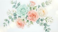 Watercolor floral arrangement with soft pink, mint green and cream roses surrounded by eucalyptus leaves on white background for wedding invitations.