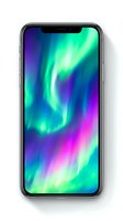 Smartphone displaying vibrant aurora borealis wallpaper with neon green, cyan, and magenta light waves. Use for tech marketing, mobile app design, and digital device mockups.