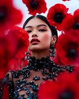 Young Asian woman in luxurious black embellished dress with red lips posing among vibrant red poppies. Dramatic fashion portrait with romantic floral backdrop and statement jewelry.