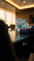 Businessman in formal attire holding transparent tablet displaying financial charts and stock market data in modern office with warm lighting and wooden interior design.