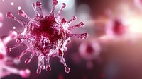Pink microscopic virus cell with spiky surface and detailed protein structure floating in blurred background, scientific visualization for medical and educational purposes.
