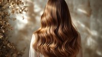 Back view of woman with long wavy brown hair in soft natural lighting, showcasing healthy shiny locks against neutral background.