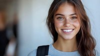 Young Caucasian woman with natural makeup and bright genuine smile wearing casual blue top against light background, radiating positive cheerful energy.