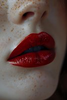 Close-up of bright red glossy lips and freckled pale skin in moody lighting, creating dramatic contrast for beauty and cosmetic advertising campaigns.