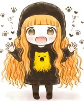 Cute chibi anime character with long blonde wavy hair wearing black outfit with yellow cat design, beanie hat, and excited expression surrounded by paw prints and hearts.