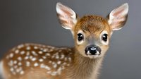 Close up portrait of young spotted fawn with large eyes and ears against blurred dark background, showing innocent expression and delicate facial features.