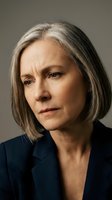 Mature woman with gray shoulder-length hair wearing dark blazer, professional headshot against neutral background, suitable for corporate, business, and executive portraits.