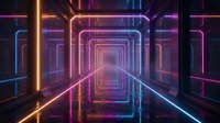 Futuristic neon tunnel with glowing purple and orange lights creating perspective corridor for sci-fi backgrounds and digital art projects.