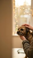 Person petting brown terrier dog indoors by window with warm holiday lights bokeh in background. Cozy seasonal moment.