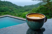 Cup of fresh coffee with creamy foam on concrete surface against infinity pool and lush green tropical mountains background in morning light.