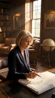 Mature woman with short blonde hair wearing dark blazer writing in notebook at wooden desk in sunlit study room with bookshelves and globe.