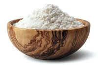 White sea salt crystals in rustic olive wood bowl, natural mineral seasoning for gourmet cooking and food preservation.