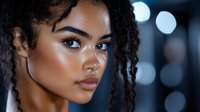 Young African American woman with natural curly hair and glowing skin against dark background with bokeh lights, side profile portrait highlighting modern beauty.