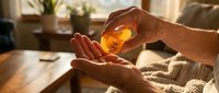 Mature adult hands holding glowing amber stone or crystal in warm sunlight, symbolizing wellness, healing energy, and mindfulness practice for meditation and spiritual growth.