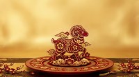 Ornate golden ram figurine with red accents on decorative circular platform against warm blurred background, suitable for lunar new year celebrations and festive design projects.