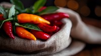 Fresh red and orange chili peppers with green leaves on rustic linen fabric, moody lighting creates dramatic food photography composition for culinary design.