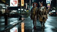 Two figures in demon horns and theatrical makeup walk through wet city streets at night surrounded by neon signs and urban lights, suitable for Halloween, costume, and alternative lifestyle content.