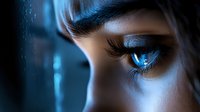 Dramatic close-up of luminous blue eye with long eyelashes against dark background, creating mysterious and ethereal mood for beauty and fashion concepts.