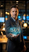 Professional businessman presenting holographic 24/7 service concept with digital interface technology in modern office environment for customer support solutions.