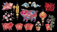 Colorful lunar new year pig clipart set isolated on transparent background, featuring lanterns, red envelopes, cherry blossoms, bamboo, coins, and clouds for t-shirt design, stickers, print on demand.