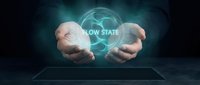 Hands holding glowing brain hologram with flow state text, representing mindfulness, consciousness, and mental performance for wellness and technology concepts.