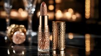 Luxurious rose gold lipstick with textured metallic case on dark background with bokeh lights and reflections. Elegant cosmetic product photography.