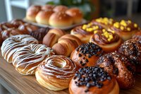 Assorted glazed donuts with chocolate, sprinkles and toppings displayed on wooden board in bakery cafe setting for breakfast dessert menu.