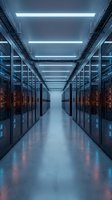 Modern data center corridor with server racks and LED lighting. High-tech infrastructure for cloud computing, hosting services, and IT operations.