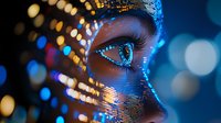 Close up portrait of woman's eye with glitter makeup and sparkles in blue and gold lighting with bokeh effect, artistic glamour beauty photography.