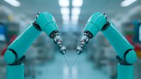 Robotic arms with surgical instruments facing each other in modern medical facility, demonstrating precision automation in healthcare technology. Futuristic medical concept.