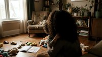 Young African American woman with curly hair sitting on wooden floor playing with colorful toys in cozy living room with natural sunlight streaming through window.