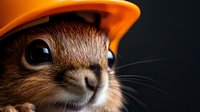 Adorable squirrel wearing orange construction hard hat closeup portrait on dark background. Funny animal safety concept showing cute rodent face with whiskers.