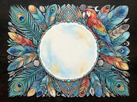 Decorative bohemian frame with colorful feathers, parrot and tribal patterns surrounding empty circle space for text or design on dark background.