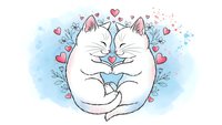 Adorable white cat holding flower with hearts and botanical elements on watercolor background for romantic greeting cards and love designs.