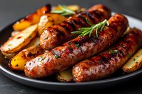 Grilled sausages with charred marks served on black plate with roasted potatoes and fresh rosemary sprigs, close-up shot in dark moody lighting.