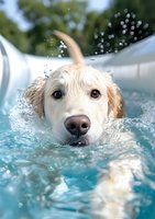 Playful Golden Retriever puppy swimming in blue pool water with splashing droplets, close-up portrait showing wet fur and expressive eyes on summer day.