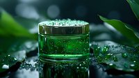 Luxurious green cosmetic gel in glass jar with water drops and tropical leaves, natural skincare product on dark background with bokeh effect.