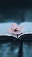 Delicate pink cherry blossom resting on open book pages with moody teal background, creating serene atmospheric composition for spiritual and literary concepts.