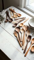 Handcrafted wooden kitchen utensils collection with spoons, forks and serving tools arranged on rustic white table near window for cooking and dining.