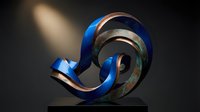 Modern abstract sculpture with flowing blue and metallic ribbons creating dynamic spiral form against dark background with dramatic lighting.