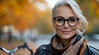 Mature blonde woman with glasses and scarf smiling outdoors on autumn day. Natural bokeh background with fall foliage creates warm seasonal atmosphere.