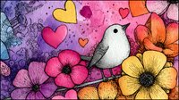 Whimsical bird among colorful flowers and hearts on watercolor background with pink and purple splashes, artistic floral composition for greeting cards.