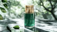 Luxury green glass perfume bottle with gold cap on reflective surface amid natural bokeh and green leaves, elegant cosmetic product photography styling.