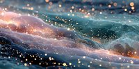 Magical ocean waves with glowing golden particles creating ethereal atmosphere at sunset, abstract nature background for relaxation themes.