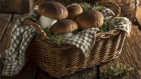 Fresh porcini mushrooms in rustic wicker basket with checkered cloth on wooden table, organic food concept for cooking and gastronomy.