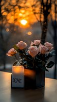 Romantic sunset composition with pink roses in wooden box and glowing candle with love message, golden hour atmosphere creates dreamy mood for valentines cards.