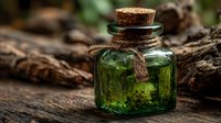 Small glass bottle with cork stopper containing green herbal liquid on rustic wooden surface with natural dried branches and organic botanical elements.
